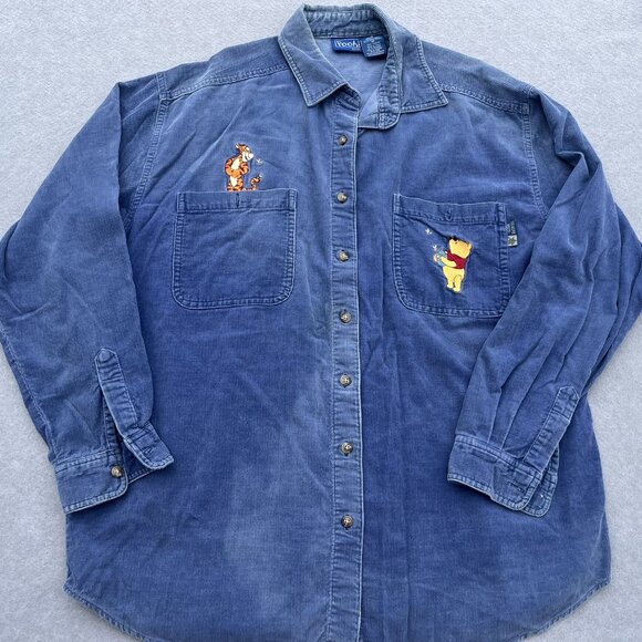 Vintage 90s Disney Winnie The Pooh Embroidered Corduroy Shirt Medium Y2K FLAW - Picture 1 of 8